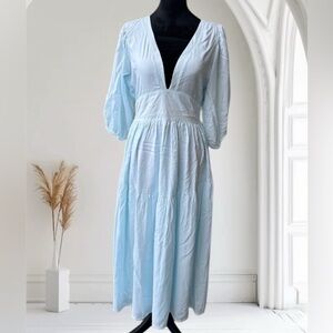 Pampelone Deep V-neck Midi Dress Sz M Rayon Light Blue 3/4 Sleeve